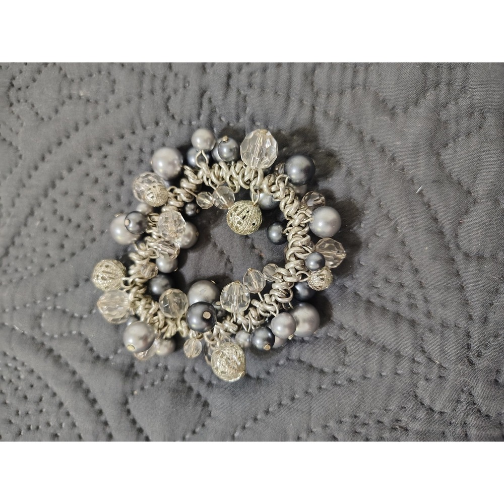 Grey Faux Pearl Crystal Cluster Stretch Bracelet Silver Tone Filigree Beaded